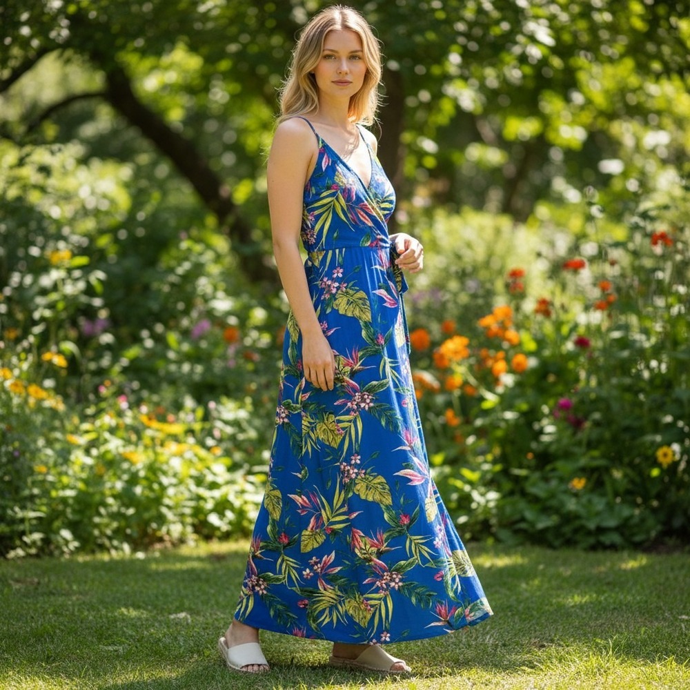 HM‎ Divided Blue Tropical Floral Maxi Wrap Dress Sz2 Summer Island Vacation